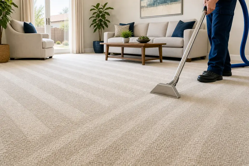 Technician steam cleaning a light carpet in a bright Phoenix living room